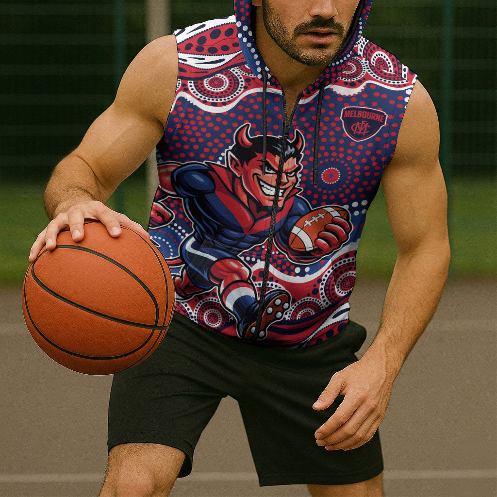 Melbourne Demons Sleeveless Zip Hoodie Aboriginal Dot Pattern - Football Mascot Heritage Pride