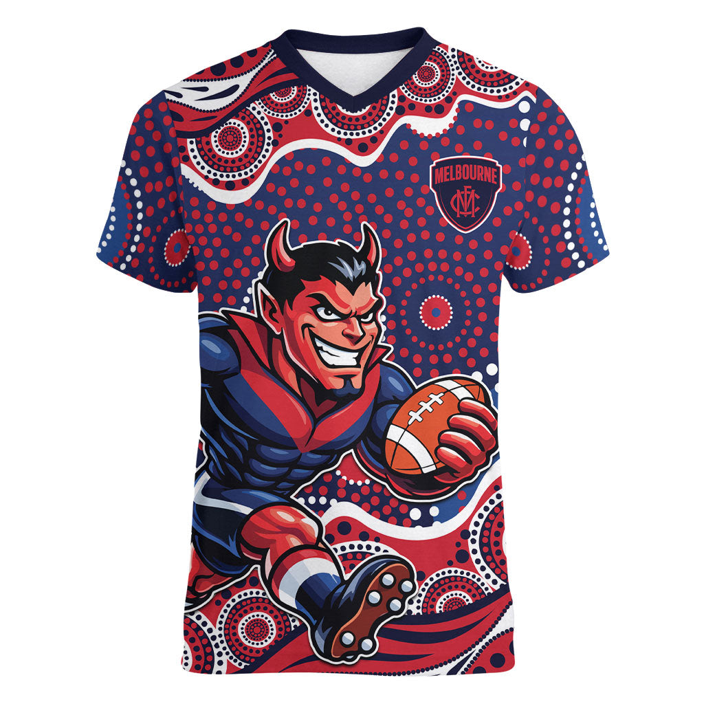 Melbourne Demons Women V-Neck T-Shirt Aboriginal Dot Pattern - Football Mascot Heritage Pride