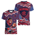 Melbourne Demons Women V-Neck T-Shirt Aboriginal Dot Pattern - Football Mascot Heritage Pride