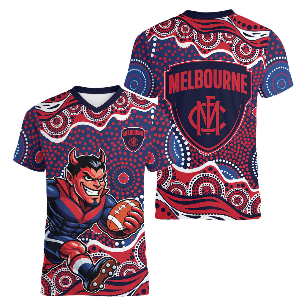 Melbourne Demons Women V-Neck T-Shirt Aboriginal Dot Pattern - Football Mascot Heritage Pride