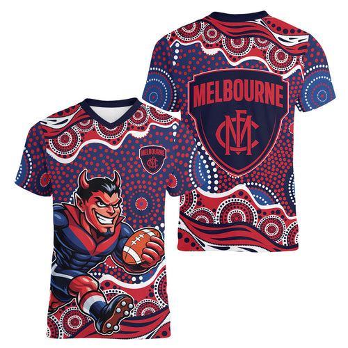 Melbourne Demons Women V-Neck T-Shirt Aboriginal Dot Pattern - Football Mascot Heritage Pride