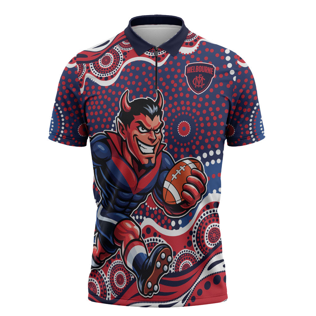 Melbourne Demons Zipper Polo Shirt Aboriginal Dot Pattern - Football Mascot Heritage Pride