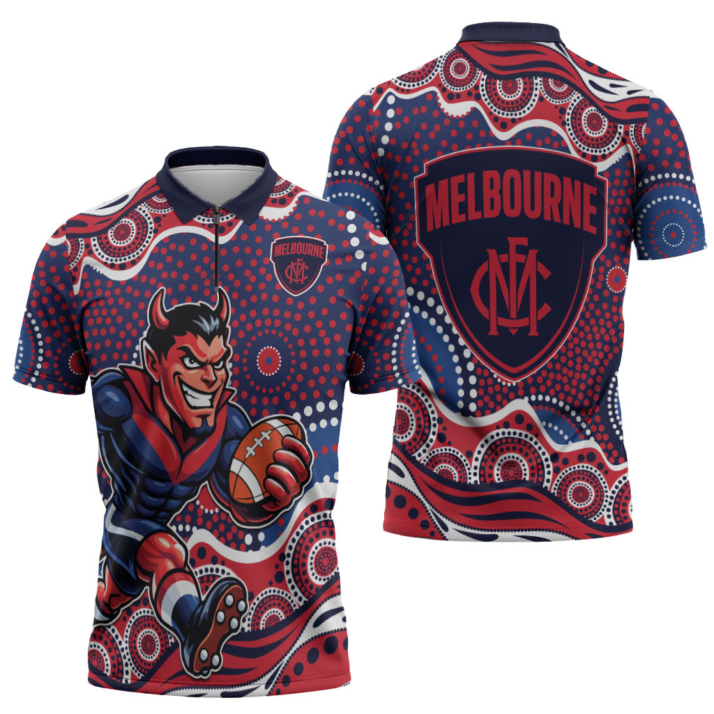 Melbourne Demons Zipper Polo Shirt Aboriginal Dot Pattern - Football Mascot Heritage Pride