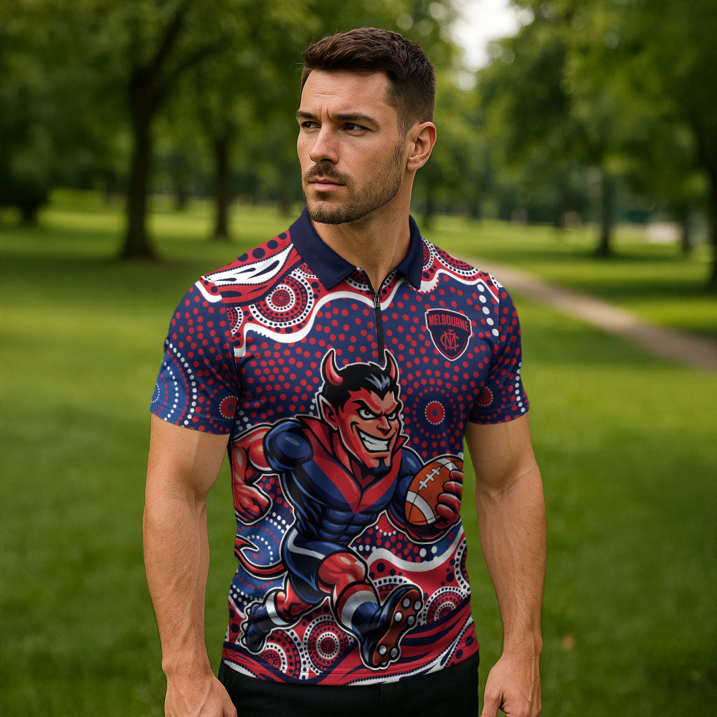 Melbourne Demons Zipper Polo Shirt Aboriginal Dot Pattern - Football Mascot Heritage Pride