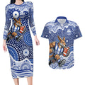 North Melbourne Kangaroos Couples Matching Long Sleeve Bodycon Dress and Hawaiian Shirt Aboriginal Dot Pattern - Football Mascot Heritage Pride