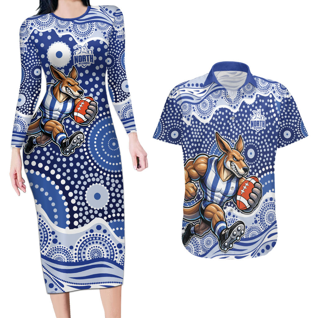 North Melbourne Kangaroos Couples Matching Long Sleeve Bodycon Dress and Hawaiian Shirt Aboriginal Dot Pattern - Football Mascot Heritage Pride