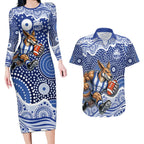 North Melbourne Kangaroos Couples Matching Long Sleeve Bodycon Dress and Hawaiian Shirt Aboriginal Dot Pattern - Football Mascot Heritage Pride