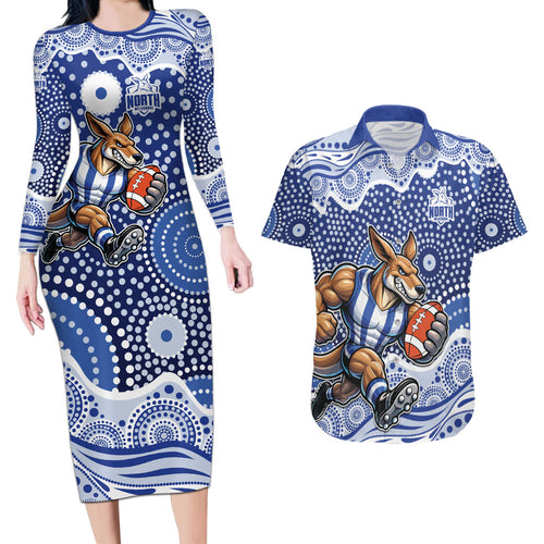 North Melbourne Kangaroos Couples Matching Long Sleeve Bodycon Dress and Hawaiian Shirt Aboriginal Dot Pattern - Football Mascot Heritage Pride