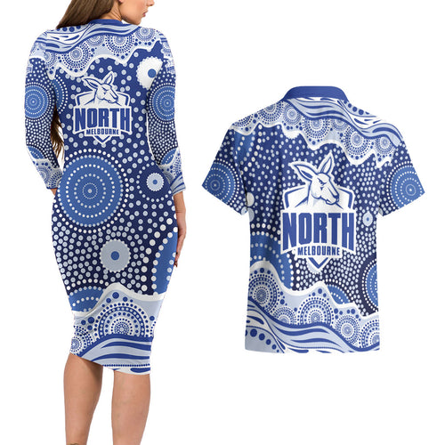 North Melbourne Kangaroos Couples Matching Long Sleeve Bodycon Dress and Hawaiian Shirt Aboriginal Dot Pattern - Football Mascot Heritage Pride