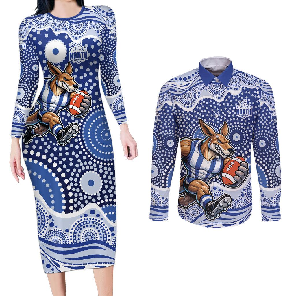 North Melbourne Kangaroos Couples Matching Long Sleeve Bodycon Dress and Long Sleeve Button Shirt Aboriginal Dot Pattern - Football Mascot Heritage Pride