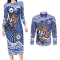 North Melbourne Kangaroos Couples Matching Long Sleeve Bodycon Dress and Long Sleeve Button Shirt Aboriginal Dot Pattern - Football Mascot Heritage Pride