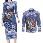 North Melbourne Kangaroos Couples Matching Long Sleeve Bodycon Dress and Long Sleeve Button Shirt Aboriginal Dot Pattern - Football Mascot Heritage Pride
