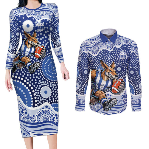North Melbourne Kangaroos Couples Matching Long Sleeve Bodycon Dress and Long Sleeve Button Shirt Aboriginal Dot Pattern - Football Mascot Heritage Pride