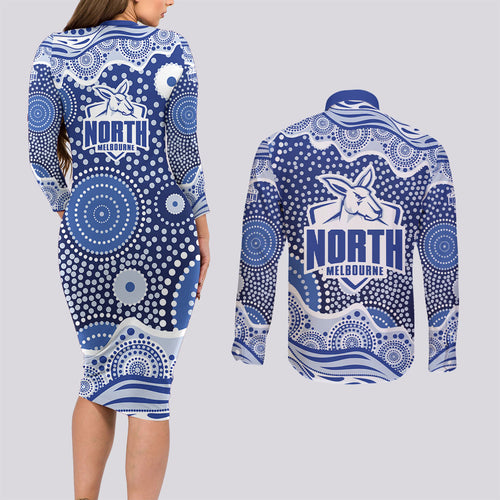 North Melbourne Kangaroos Couples Matching Long Sleeve Bodycon Dress and Long Sleeve Button Shirt Aboriginal Dot Pattern - Football Mascot Heritage Pride