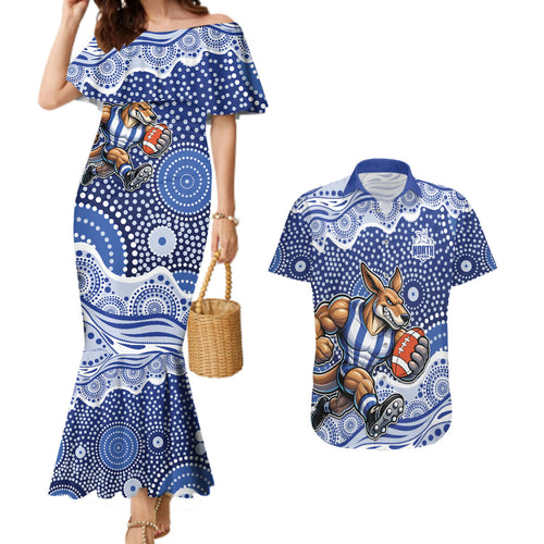 North Melbourne Kangaroos Couples Matching Mermaid Dress and Hawaiian Shirt Aboriginal Dot Pattern - Football Mascot Heritage Pride