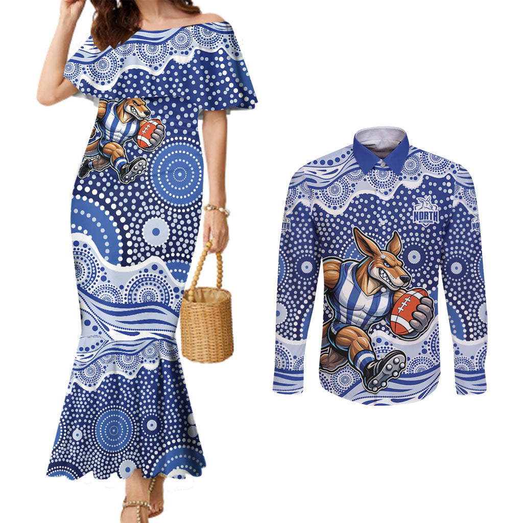 North Melbourne Kangaroos Couples Matching Mermaid Dress and Long Sleeve Button Shirt Aboriginal Dot Pattern - Football Mascot Heritage Pride