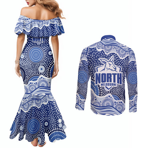 North Melbourne Kangaroos Couples Matching Mermaid Dress and Long Sleeve Button Shirt Aboriginal Dot Pattern - Football Mascot Heritage Pride