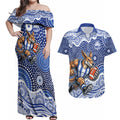 North Melbourne Kangaroos Couples Matching Off Shoulder Maxi Dress and Hawaiian Shirt Aboriginal Dot Pattern - Football Mascot Heritage Pride