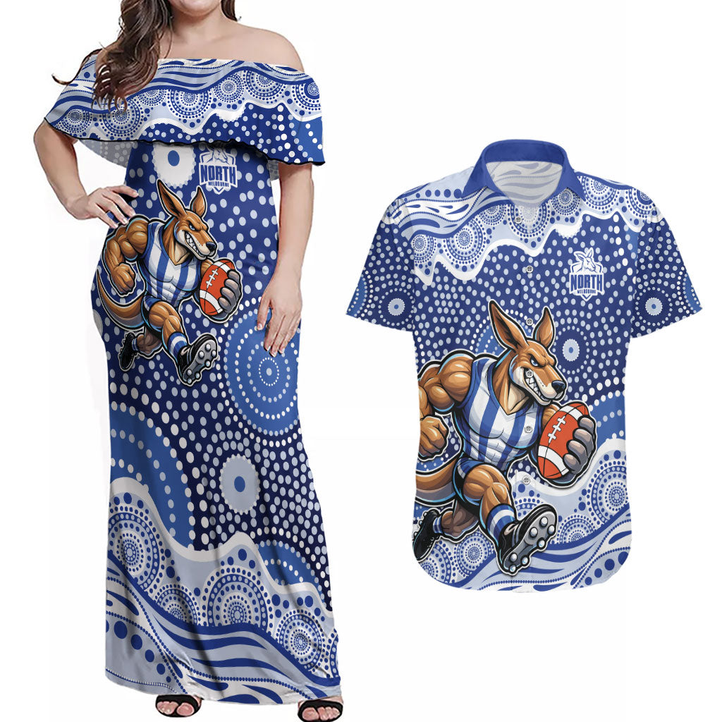 North Melbourne Kangaroos Couples Matching Off Shoulder Maxi Dress and Hawaiian Shirt Aboriginal Dot Pattern - Football Mascot Heritage Pride