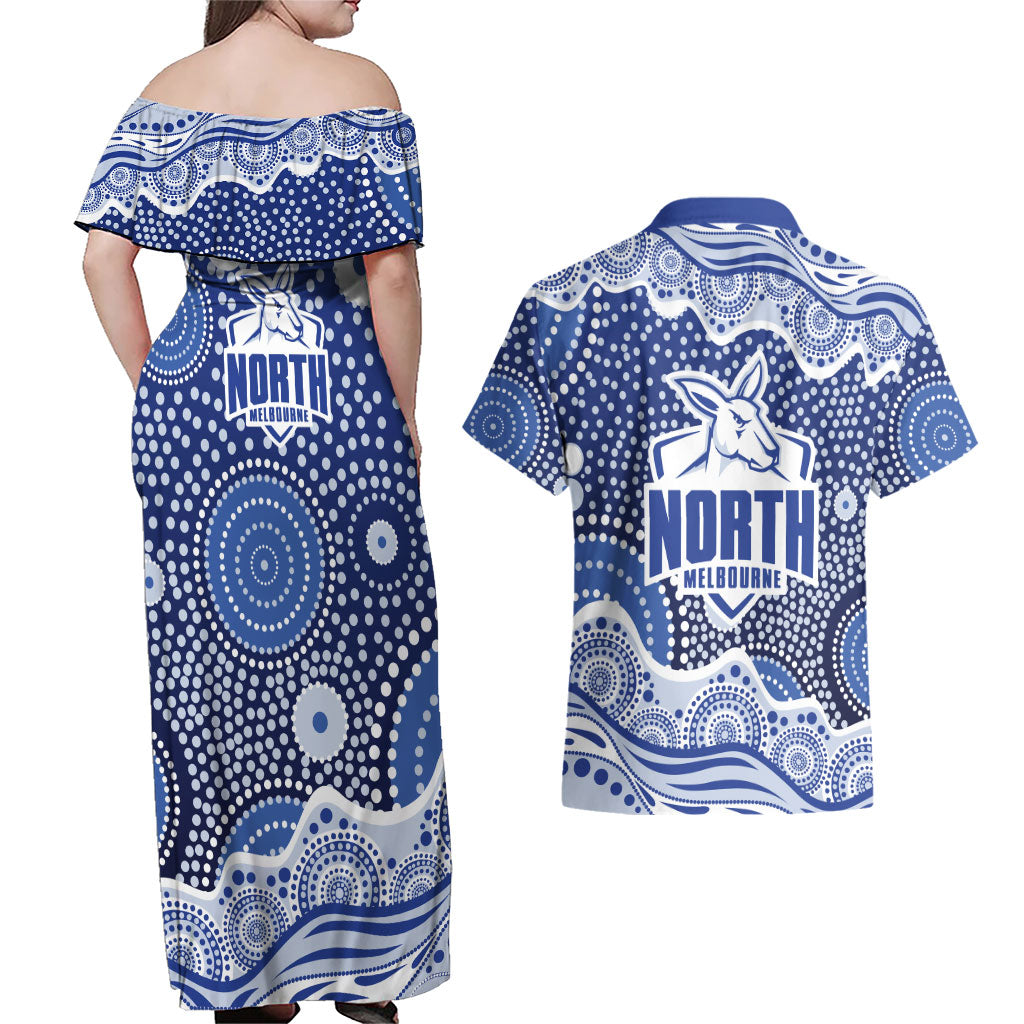 North Melbourne Kangaroos Couples Matching Off Shoulder Maxi Dress and Hawaiian Shirt Aboriginal Dot Pattern - Football Mascot Heritage Pride