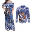 North Melbourne Kangaroos Couples Matching Off Shoulder Maxi Dress and Long Sleeve Button Shirt Aboriginal Dot Pattern - Football Mascot Heritage Pride