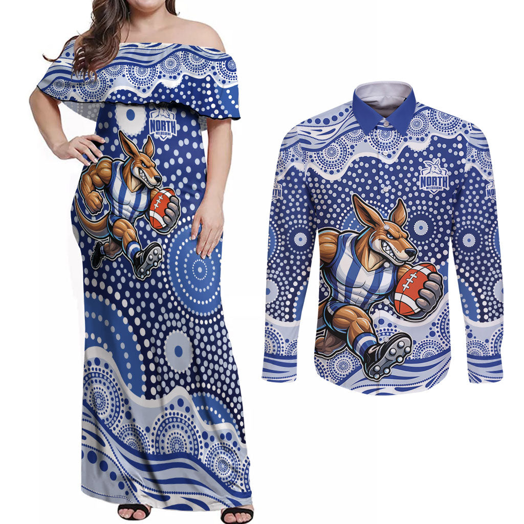 North Melbourne Kangaroos Couples Matching Off Shoulder Maxi Dress and Long Sleeve Button Shirt Aboriginal Dot Pattern - Football Mascot Heritage Pride
