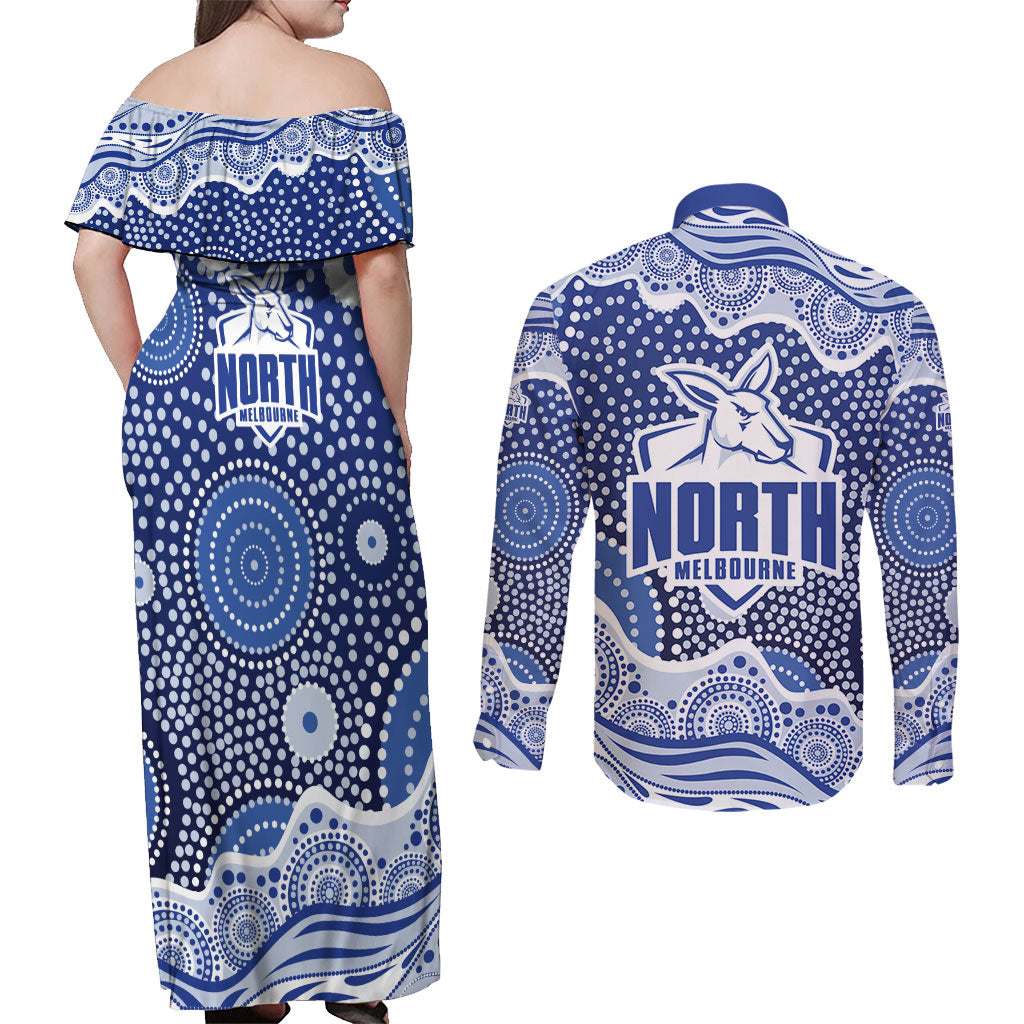 North Melbourne Kangaroos Couples Matching Off Shoulder Maxi Dress and Long Sleeve Button Shirt Aboriginal Dot Pattern - Football Mascot Heritage Pride