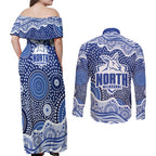 North Melbourne Kangaroos Couples Matching Off Shoulder Maxi Dress and Long Sleeve Button Shirt Aboriginal Dot Pattern - Football Mascot Heritage Pride