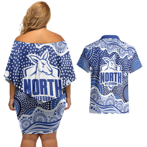 North Melbourne Kangaroos Couples Matching Off Shoulder Short Dress and Hawaiian Shirt Aboriginal Dot Pattern - Football Mascot Heritage Pride