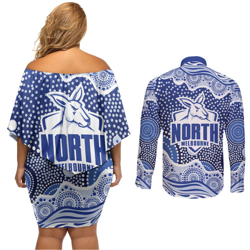 North Melbourne Kangaroos Couples Matching Off Shoulder Short Dress and Long Sleeve Button Shirt Aboriginal Dot Pattern - Football Mascot Heritage Pride
