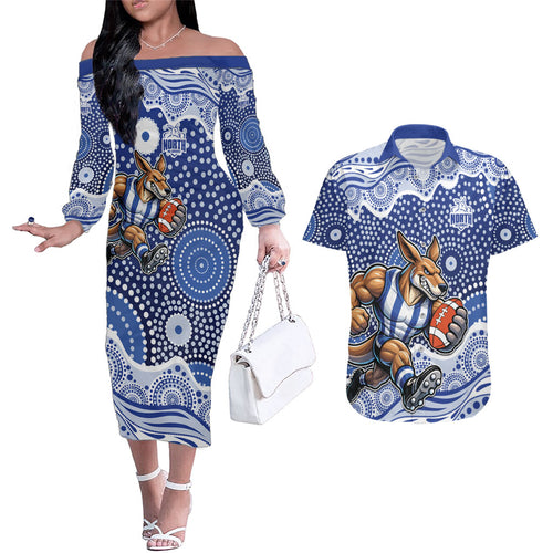North Melbourne Kangaroos Couples Matching Off The Shoulder Long Sleeve Dress and Hawaiian Shirt Aboriginal Dot Pattern - Football Mascot Heritage Pride