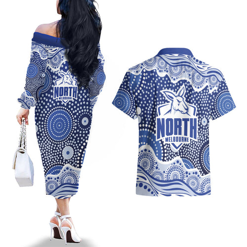 North Melbourne Kangaroos Couples Matching Off The Shoulder Long Sleeve Dress and Hawaiian Shirt Aboriginal Dot Pattern - Football Mascot Heritage Pride
