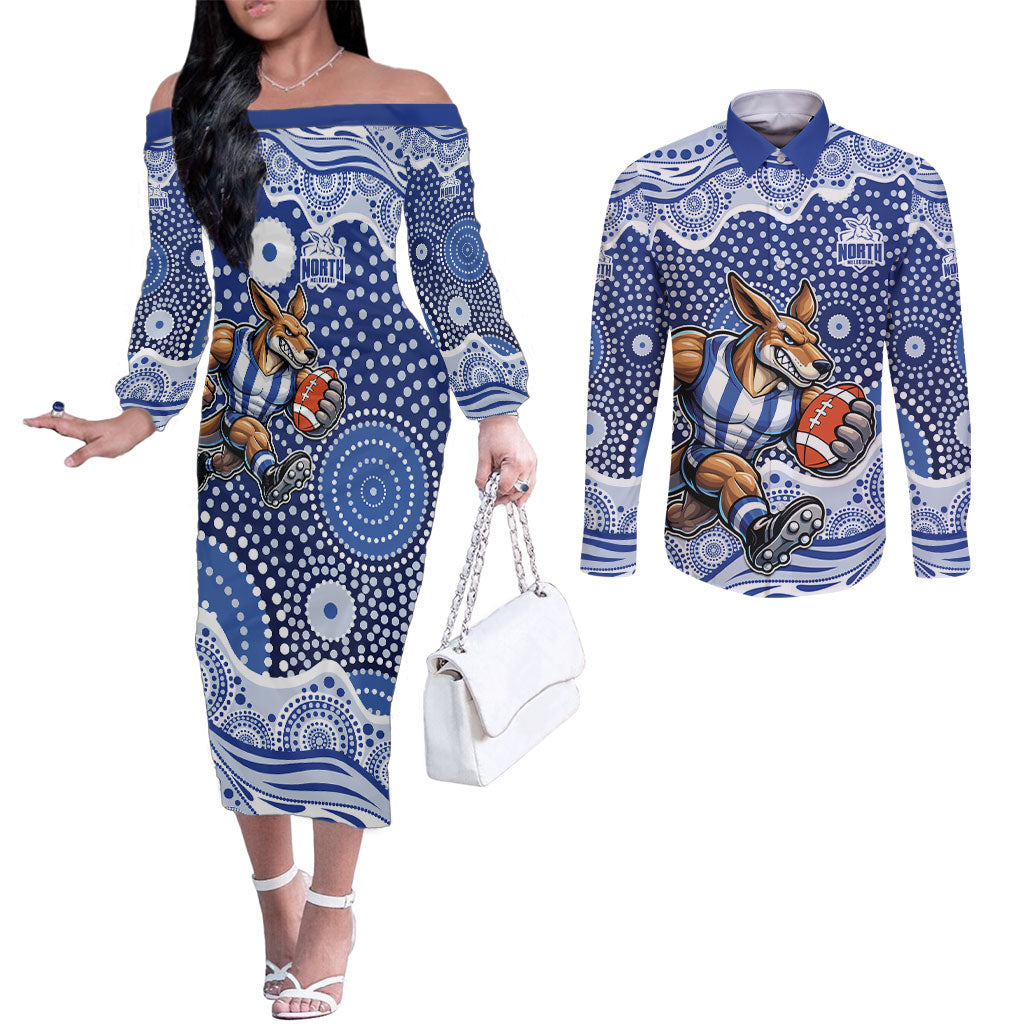 North Melbourne Kangaroos Couples Matching Off The Shoulder Long Sleeve Dress and Long Sleeve Button Shirt Aboriginal Dot Pattern - Football Mascot Heritage Pride