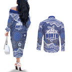 North Melbourne Kangaroos Couples Matching Off The Shoulder Long Sleeve Dress and Long Sleeve Button Shirt Aboriginal Dot Pattern - Football Mascot Heritage Pride
