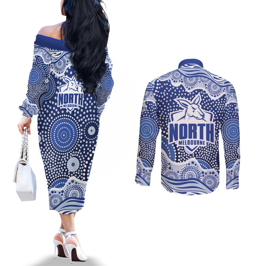 North Melbourne Kangaroos Couples Matching Off The Shoulder Long Sleeve Dress and Long Sleeve Button Shirt Aboriginal Dot Pattern - Football Mascot Heritage Pride