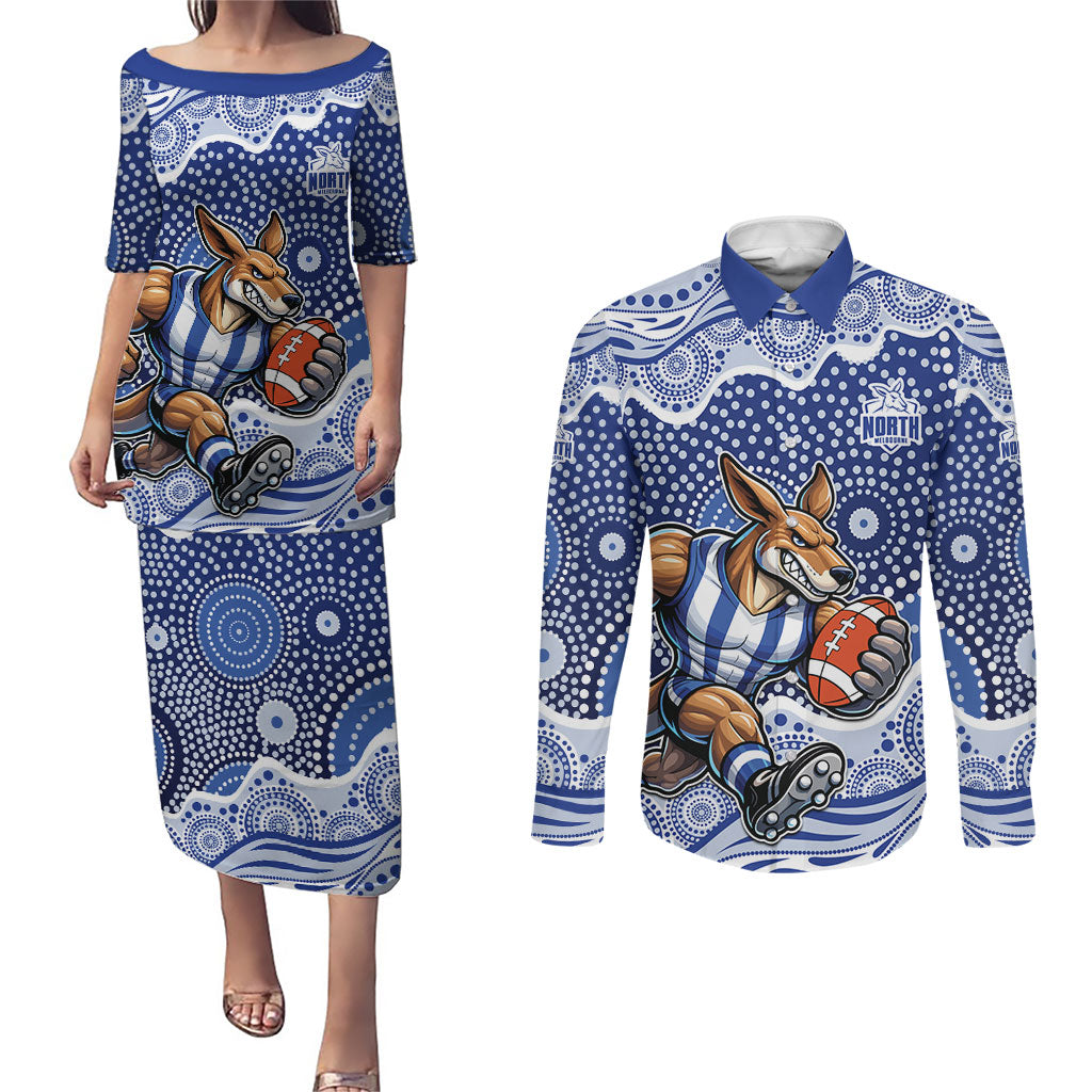 North Melbourne Kangaroos Couples Matching Puletasi and Long Sleeve Button Shirt Aboriginal Dot Pattern - Football Mascot Heritage Pride
