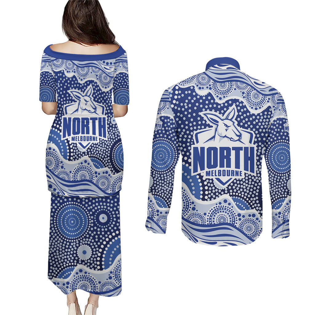 North Melbourne Kangaroos Couples Matching Puletasi and Long Sleeve Button Shirt Aboriginal Dot Pattern - Football Mascot Heritage Pride