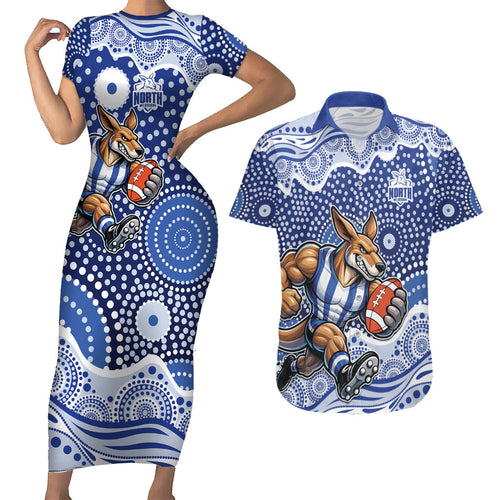 North Melbourne Kangaroos Couples Matching Short Sleeve Bodycon Dress and Hawaiian Shirt Aboriginal Dot Pattern - Football Mascot Heritage Pride
