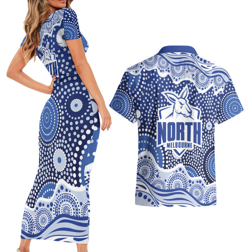North Melbourne Kangaroos Couples Matching Short Sleeve Bodycon Dress and Hawaiian Shirt Aboriginal Dot Pattern - Football Mascot Heritage Pride