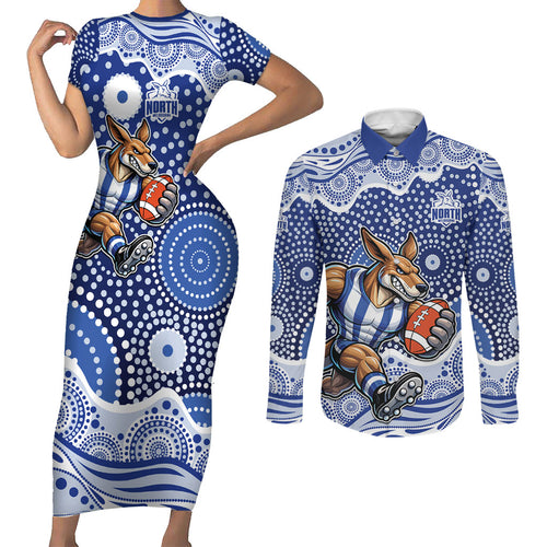 North Melbourne Kangaroos Couples Matching Short Sleeve Bodycon Dress and Long Sleeve Button Shirt Aboriginal Dot Pattern - Football Mascot Heritage Pride