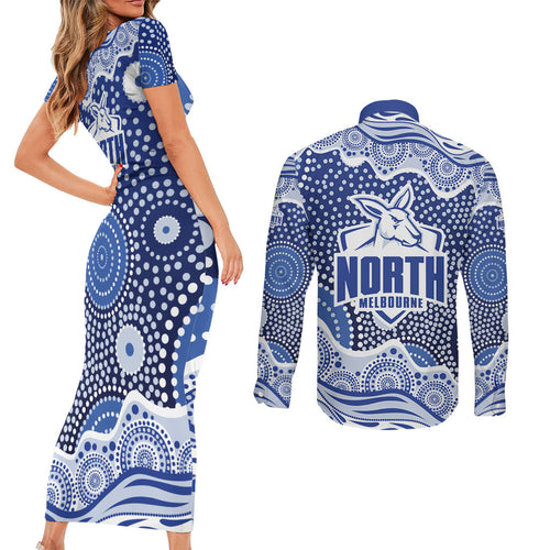North Melbourne Kangaroos Couples Matching Short Sleeve Bodycon Dress and Long Sleeve Button Shirt Aboriginal Dot Pattern - Football Mascot Heritage Pride