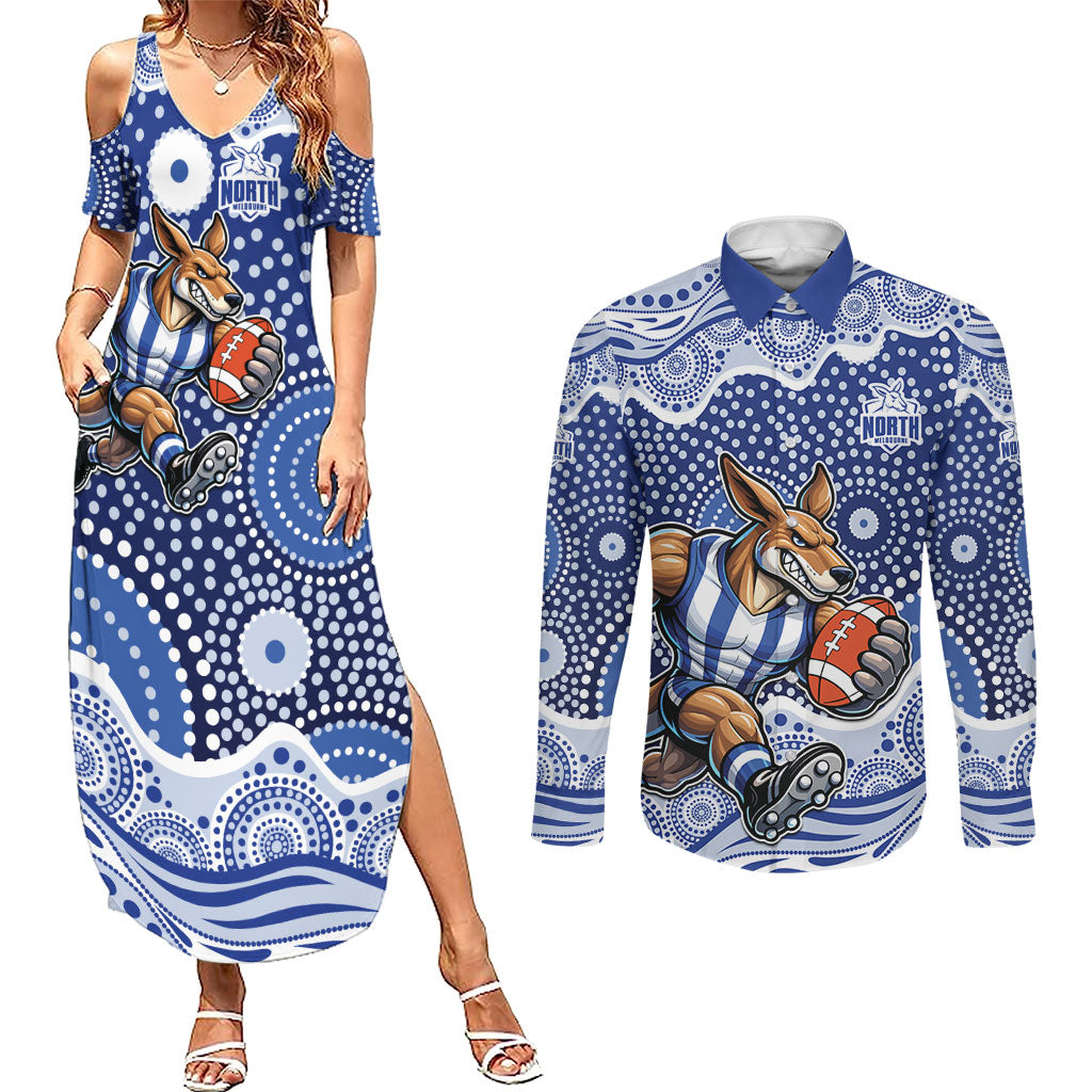 North Melbourne Kangaroos Couples Matching Summer Maxi Dress and Long Sleeve Button Shirt Aboriginal Dot Pattern - Football Mascot Heritage Pride