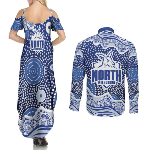 North Melbourne Kangaroos Couples Matching Summer Maxi Dress and Long Sleeve Button Shirt Aboriginal Dot Pattern - Football Mascot Heritage Pride