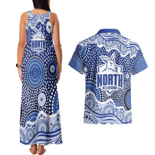 North Melbourne Kangaroos Couples Matching Tank Maxi Dress and Hawaiian Shirt Aboriginal Dot Pattern - Football Mascot Heritage Pride