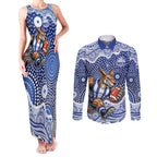 North Melbourne Kangaroos Couples Matching Tank Maxi Dress and Long Sleeve Button Shirt Aboriginal Dot Pattern - Football Mascot Heritage Pride