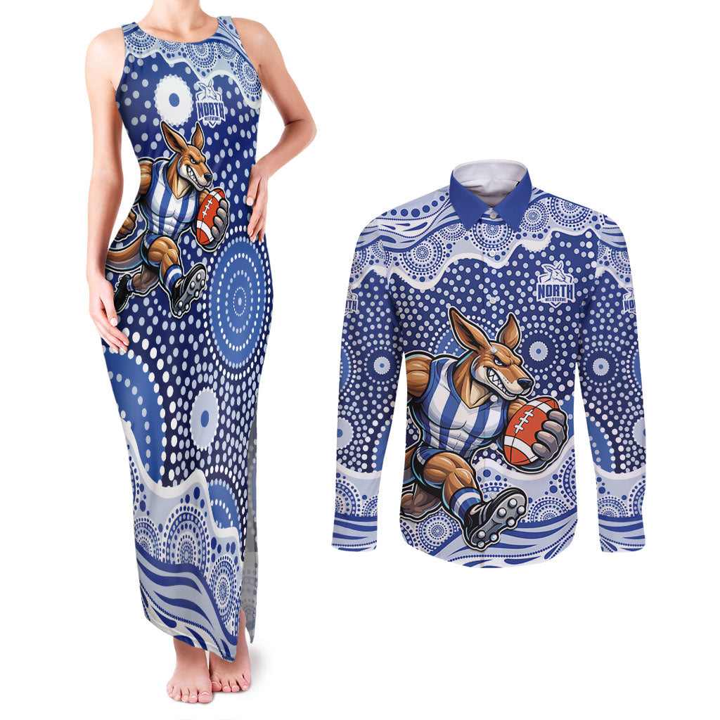 North Melbourne Kangaroos Couples Matching Tank Maxi Dress and Long Sleeve Button Shirt Aboriginal Dot Pattern - Football Mascot Heritage Pride