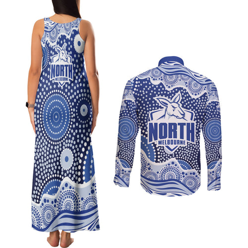North Melbourne Kangaroos Couples Matching Tank Maxi Dress and Long Sleeve Button Shirt Aboriginal Dot Pattern - Football Mascot Heritage Pride