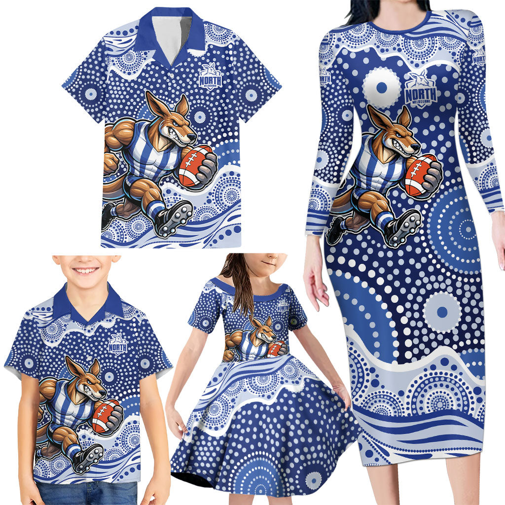 North Melbourne Kangaroos Family Matching Long Sleeve Bodycon Dress and Hawaiian Shirt Aboriginal Dot Pattern - Football Mascot Heritage Pride