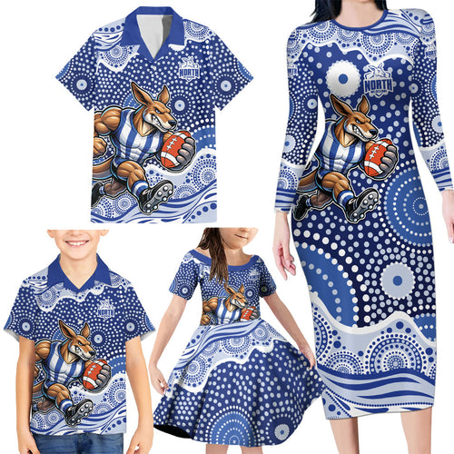 North Melbourne Kangaroos Family Matching Long Sleeve Bodycon Dress and Hawaiian Shirt Aboriginal Dot Pattern - Football Mascot Heritage Pride