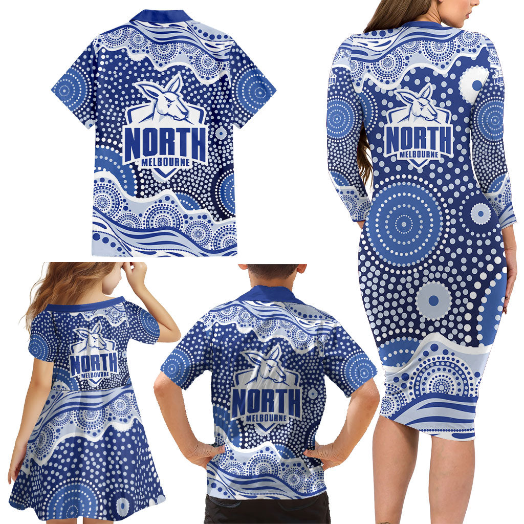 North Melbourne Kangaroos Family Matching Long Sleeve Bodycon Dress and Hawaiian Shirt Aboriginal Dot Pattern - Football Mascot Heritage Pride